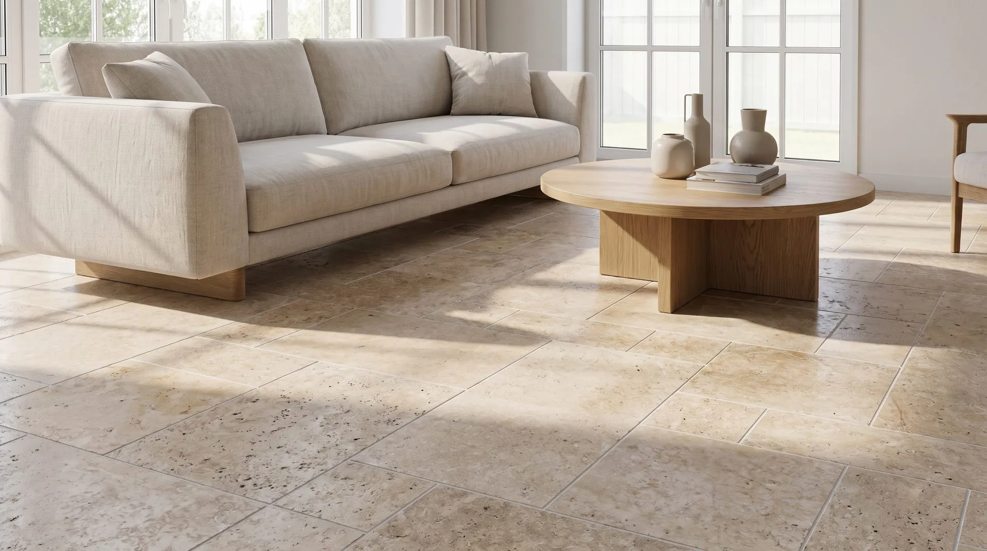Classic travertine tile floor in a living room
