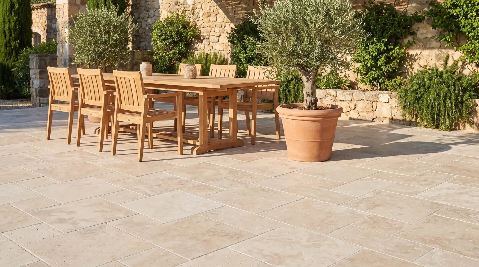 Turkish travertine terrace with garden dining