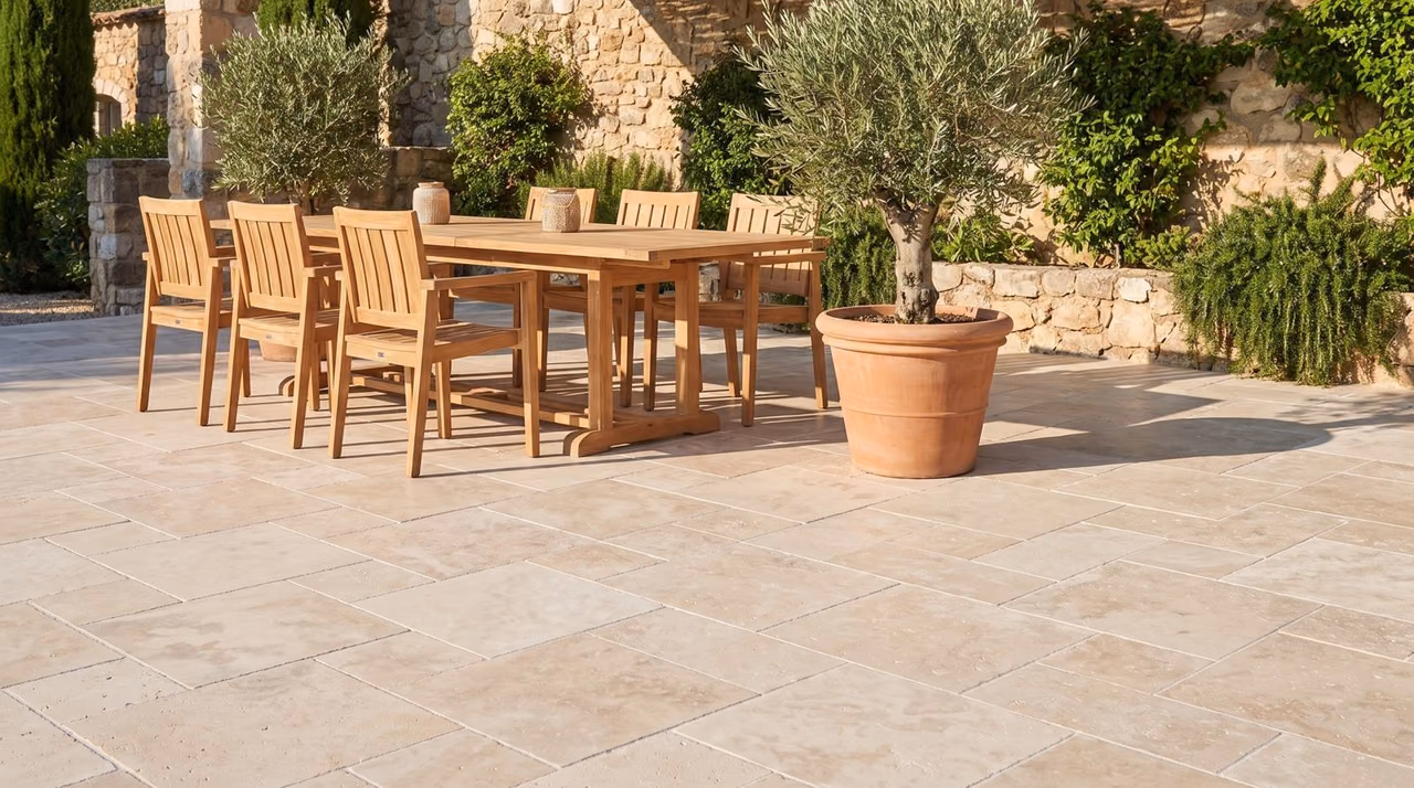 Sunlit villa terrace paved with Turkish travertine in a French pattern