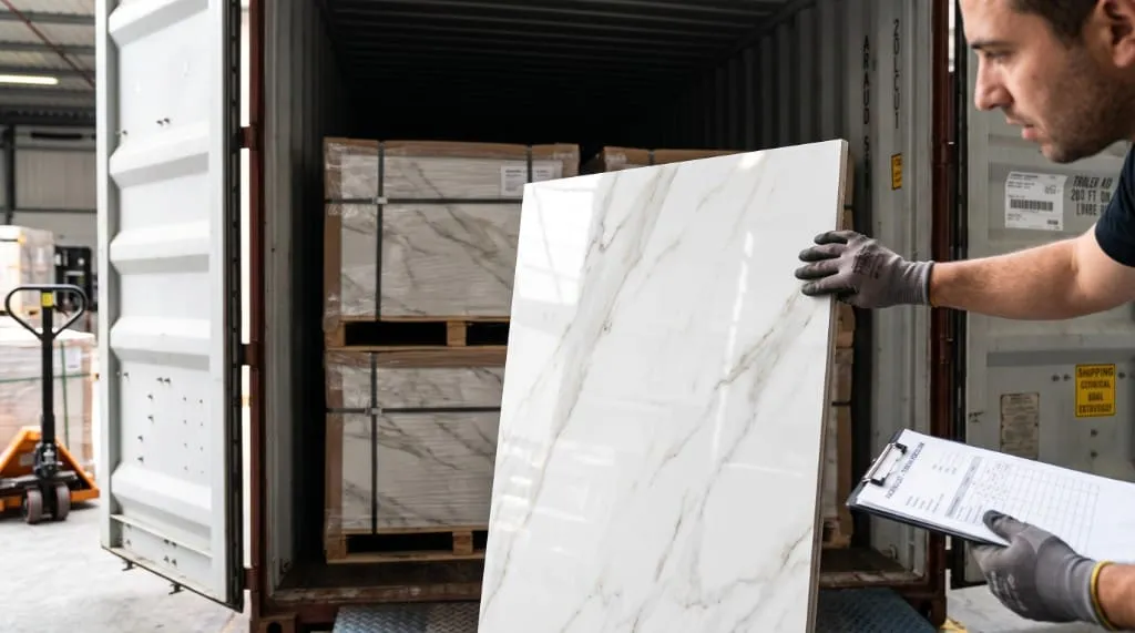 Quality inspector examines a large-format marble-look porcelain tile at the open doors of a shipping container loaded with palletized tile.