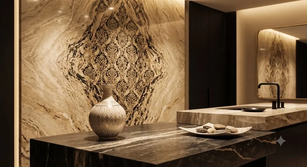 Marble-look rectified porcelain in a contemporary interior