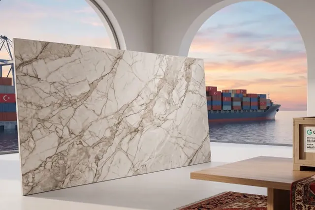 Marble-look porcelain slab in a bright interior overlooking a Turkish port and cargo ship, with a GoodzHub crate labeled Anatolia to US East Coast.