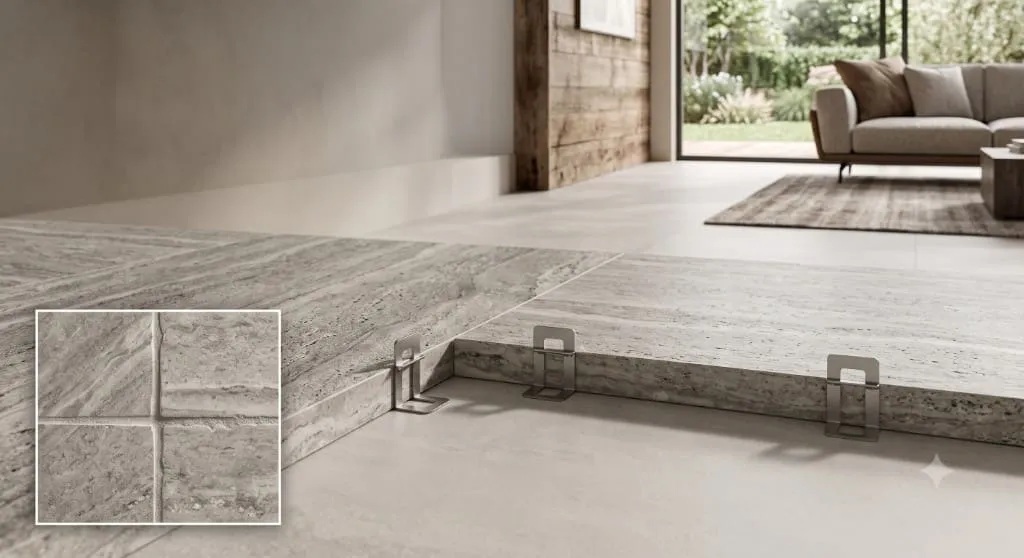 Large-format rectified stone-look tiles being installed with a leveling system for thin, precise grout joints.